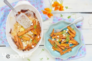 Gegratineerde worteltjes met vissticks en aardappelpuree
